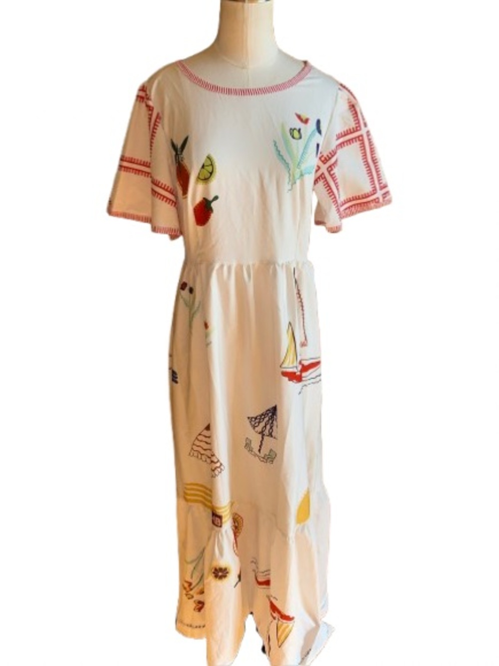 Sunday Up Beach Print Maxi Dress Women’s White Sailboat Seashell Resort Coastal